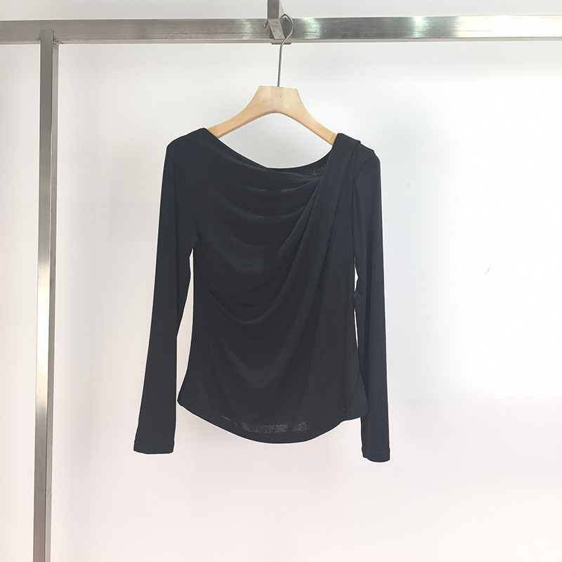 Shopping Mall Same Style 2025 Spring New Design Sense Structure Kink Oblique Shoulder T-Shirt Top Women 1G2901281