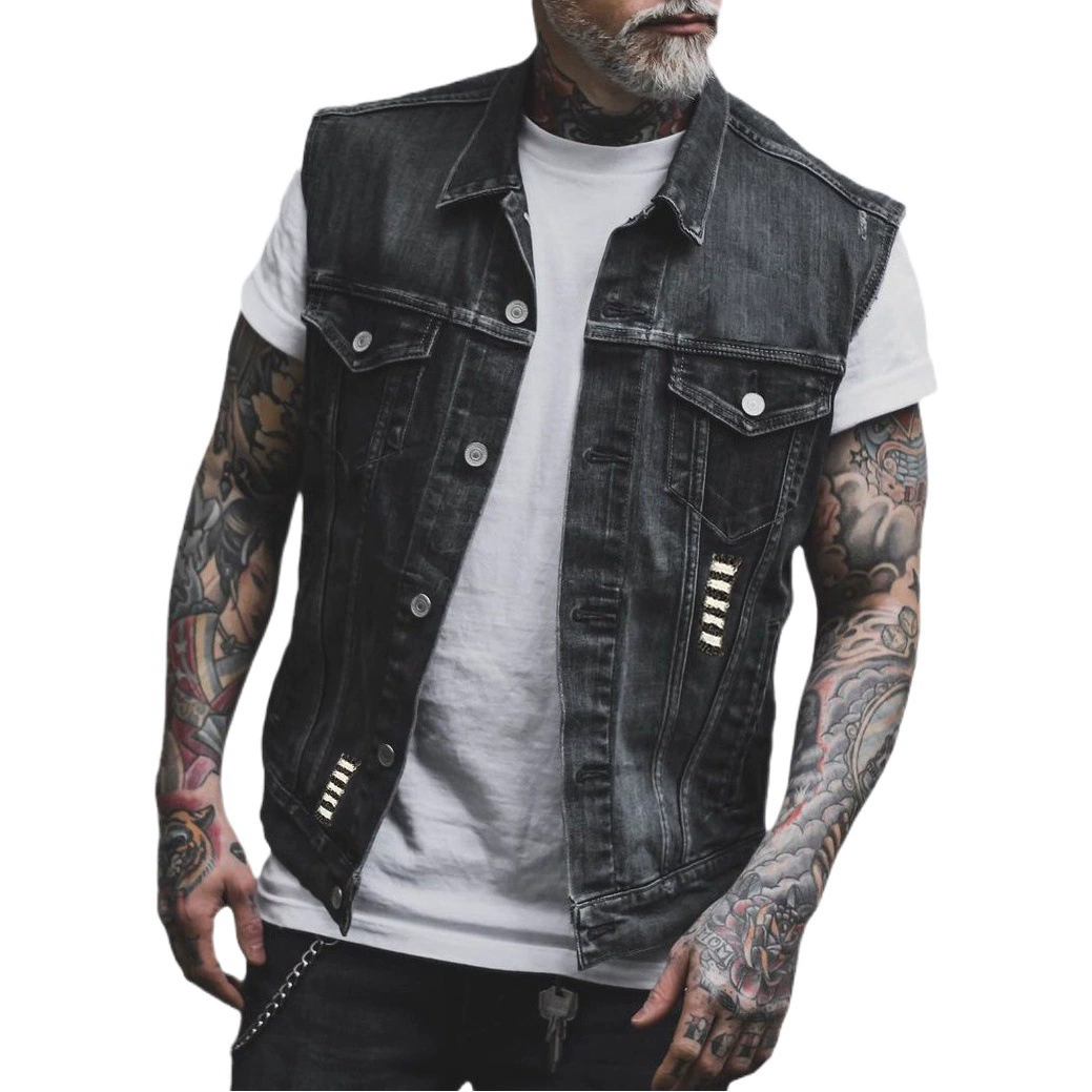 2284 * винтажный мотоциклетный Принт без рукавов джинсовое пальто джинсовый жилет мужской мотоциклетный Повседневный стиль Amazon