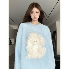 韓国版の怠惰な風のかわいい子犬の立体の蝶結びの丸首のセーターの女子学生の甘くて柔らかいモチモチの毛のふわふわしているニット