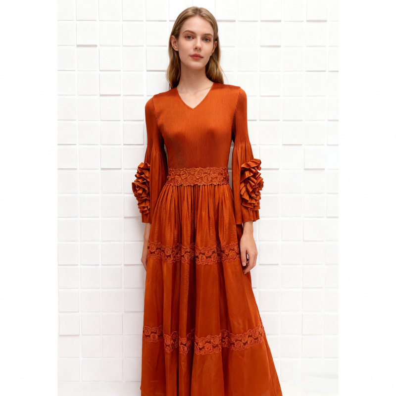 New Cross-Border Miyake Bohemian Style Embroidered Lace Hollow Sequin Pleated European and American African Lace Dress