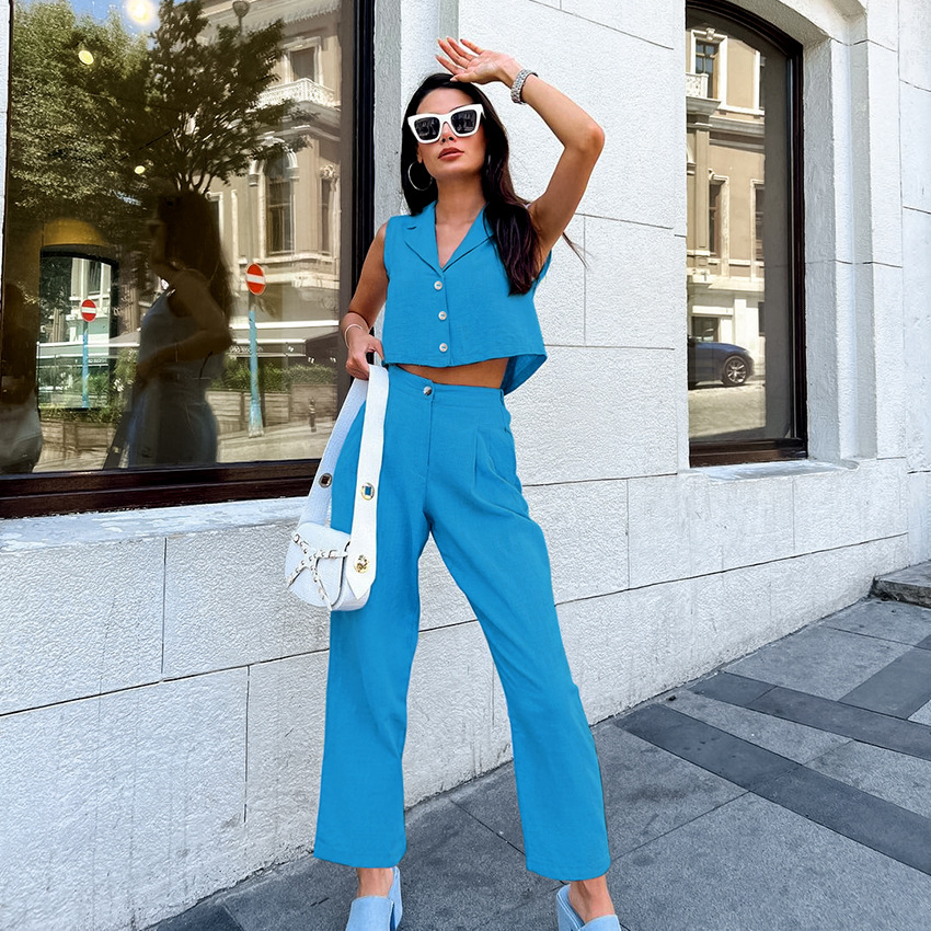 Ropa de mujer Traje casual de moda de verano de algodón y lino de color puro chaleco suelto sexy sin mangas pantalones versátiles traje simple de dos piezas_voghion.com