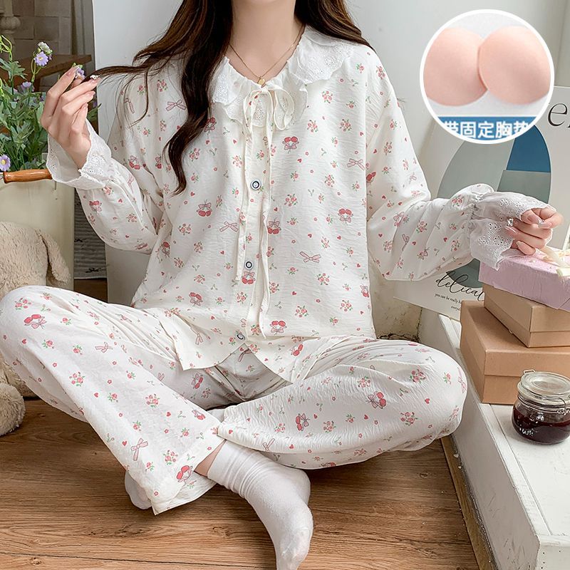 Al por mayor transfronterizo nuevo cardigan de algodón nublado princesa correa de viento cojín de pecho cardigan dulce pantalones de manga larga pijamas ropa doméstica de mujer
