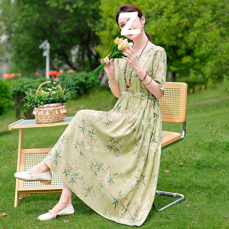 Cotton Silk 2025 Dress, Slimming Waist-Cinching Floral Over-The-Knee Long Dress, Loose and Elegant, Summer Artistic Style, Vintage Retro