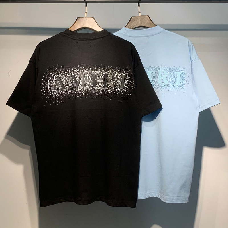Cross-border Foreign Trade high quality 260g AMI High Street Tide Brand Jin Dian Letter Hot Diamond Flash Men's and Women's Couples Short Sleeve T