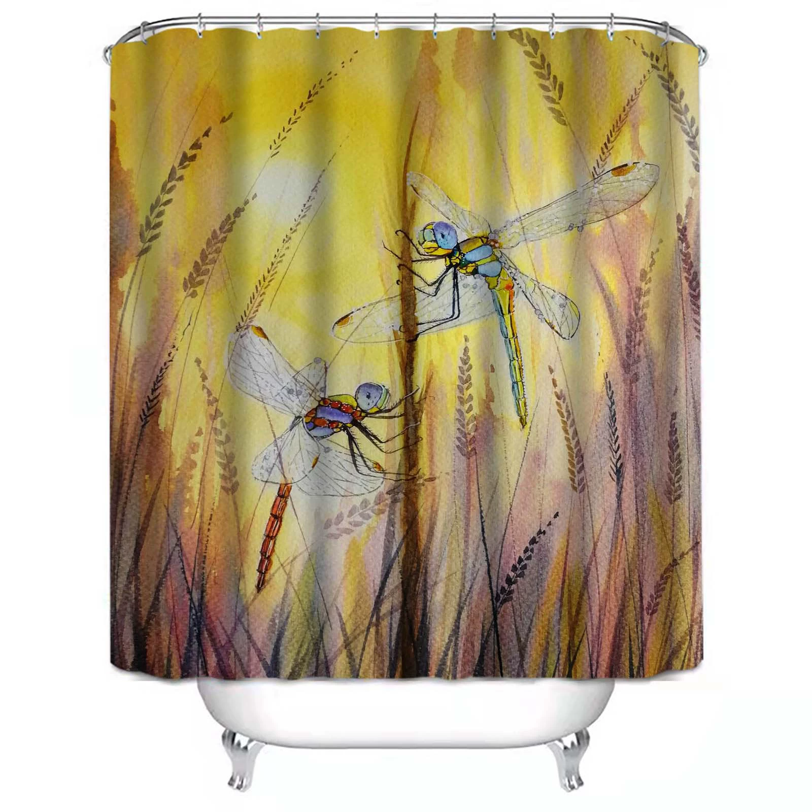 Cross-border direct supply dragonfly pattern polyester shower curtain bathroom bathroom waterproof, moisture-proof, mildew-proof isolation curtain