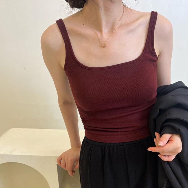 Autumn and Winter Sanding Thread Small Square Collar Red Vest Sling Underwear Women's Bracket Pad Inner One-piece Cup Base Shirt