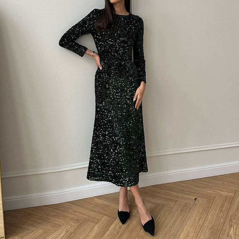 European and American 2026 Spring and Autumn New Style Foreign Trade Cross-Border Amazon Independent Site Sexy Slim-Fit Velvet Sequin Dress European and American 2026 Spring and Autumn New Style Foreign Trade Cross-Border Amazon Independent Site Sexy Slim-Fit Velvet Sequin Dress