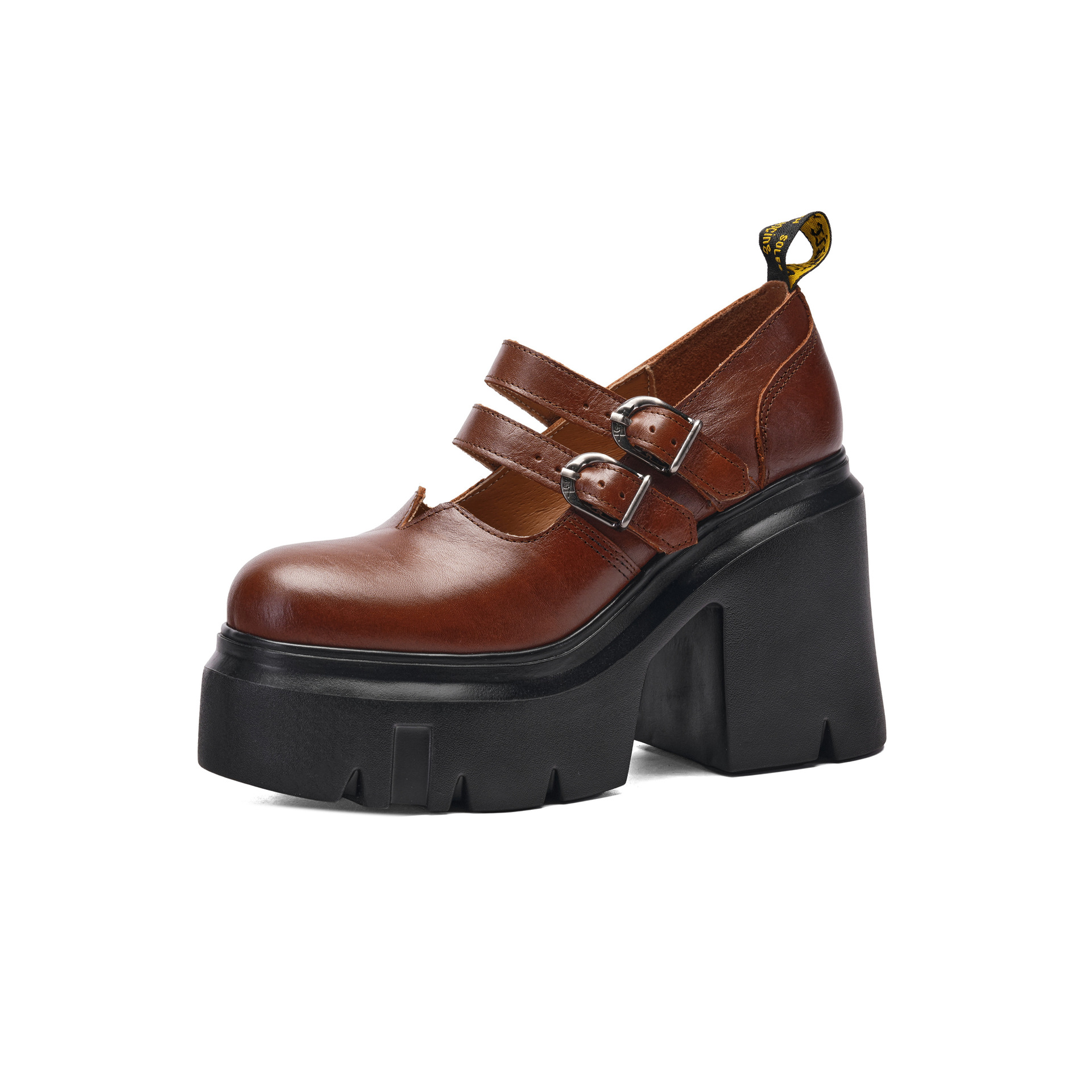 Giày cao gót nữ gót vuông đế dày da thật thủ công, phong cách cổ điển — Màu nâu