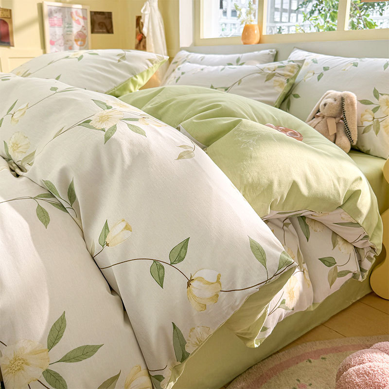 Juego de cuatro piezas de algodón fresco, juego de tres piezas de algodón, funda de edredón gruesa para el hogar, sábana de dormitorio, lijado, cama individual para estudiantes