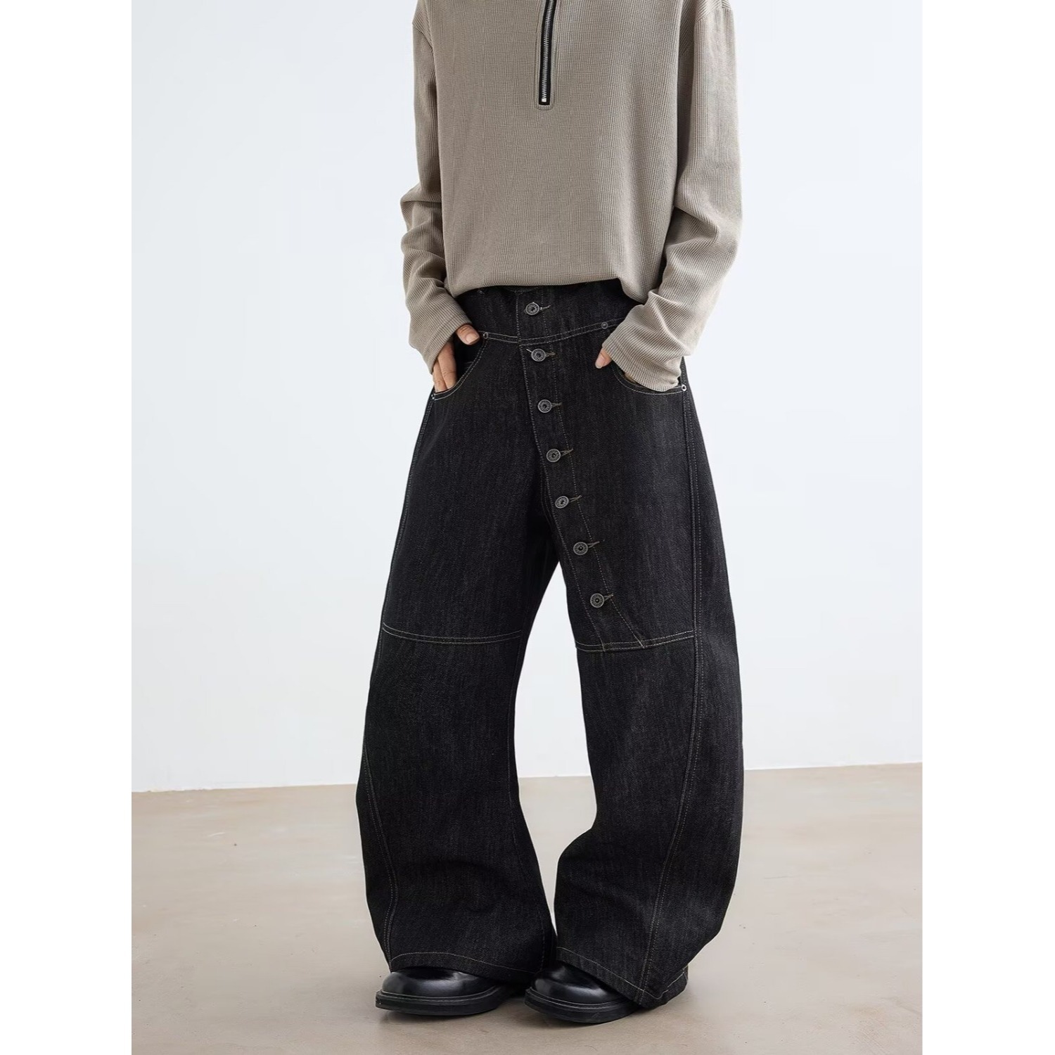Men's Clothing Retro Patchwork Black Jeans For Unisex Plus Size Elastic Waist Loose Fit Slimming Versatile Spring Casual Denim_voghion.com