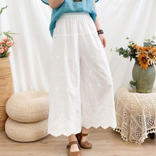 新款夏装文艺小清新松紧腰花边刺绣阔腿裤棉布宽松七分裤女2222