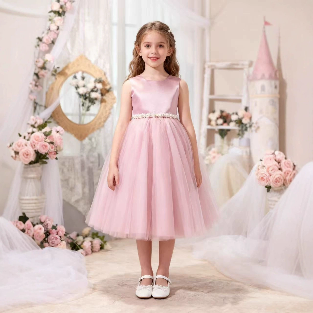 Long children's small princess costume sleevless, dress with bow, long skirt, European style, western style