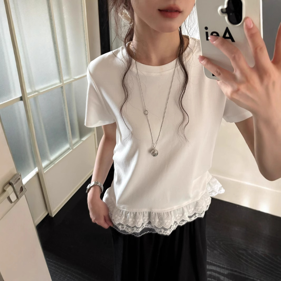 KITTIN estándar coreano! Camiseta de manga corta delgada elástica con costuras de encaje dulce coreano para mujer verano C3230 image 2