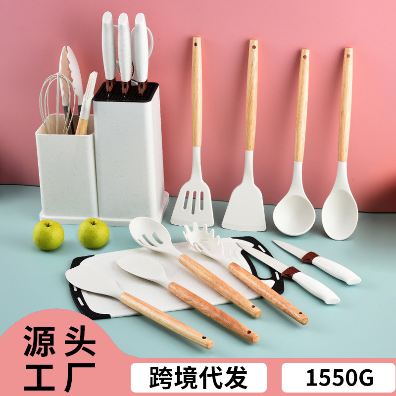 Juego de cuchillos Cuchillo de cocina Cuchillo de cocina Tijeras para el hogar Juego de utensilios de cocina de silicona Juego de 19 piezas de color Combinación de pala y cuchara