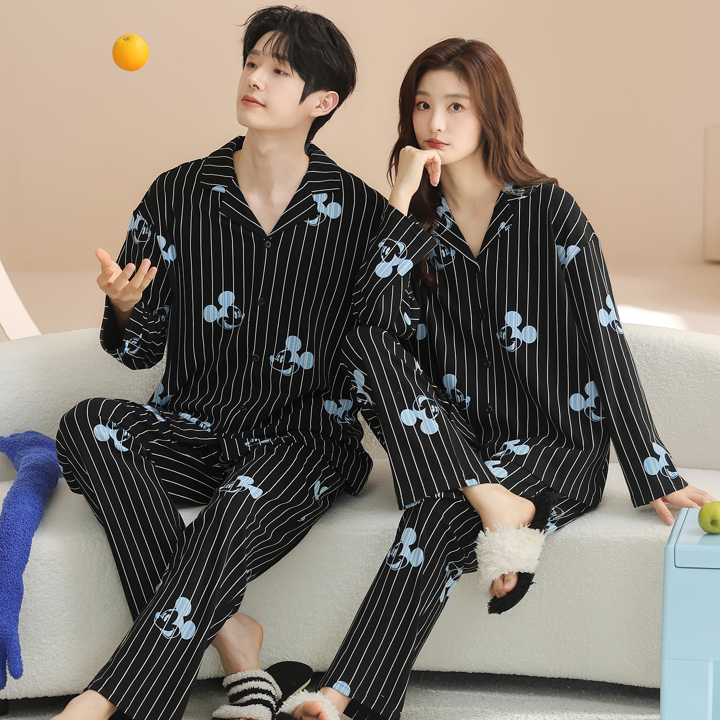 2025 Couple Pajamas Spring and Summer New Long Sleeve Pure Cotton Men's and Women's Lapel Cardigan Cartoon Home Clothes Set Wholesale