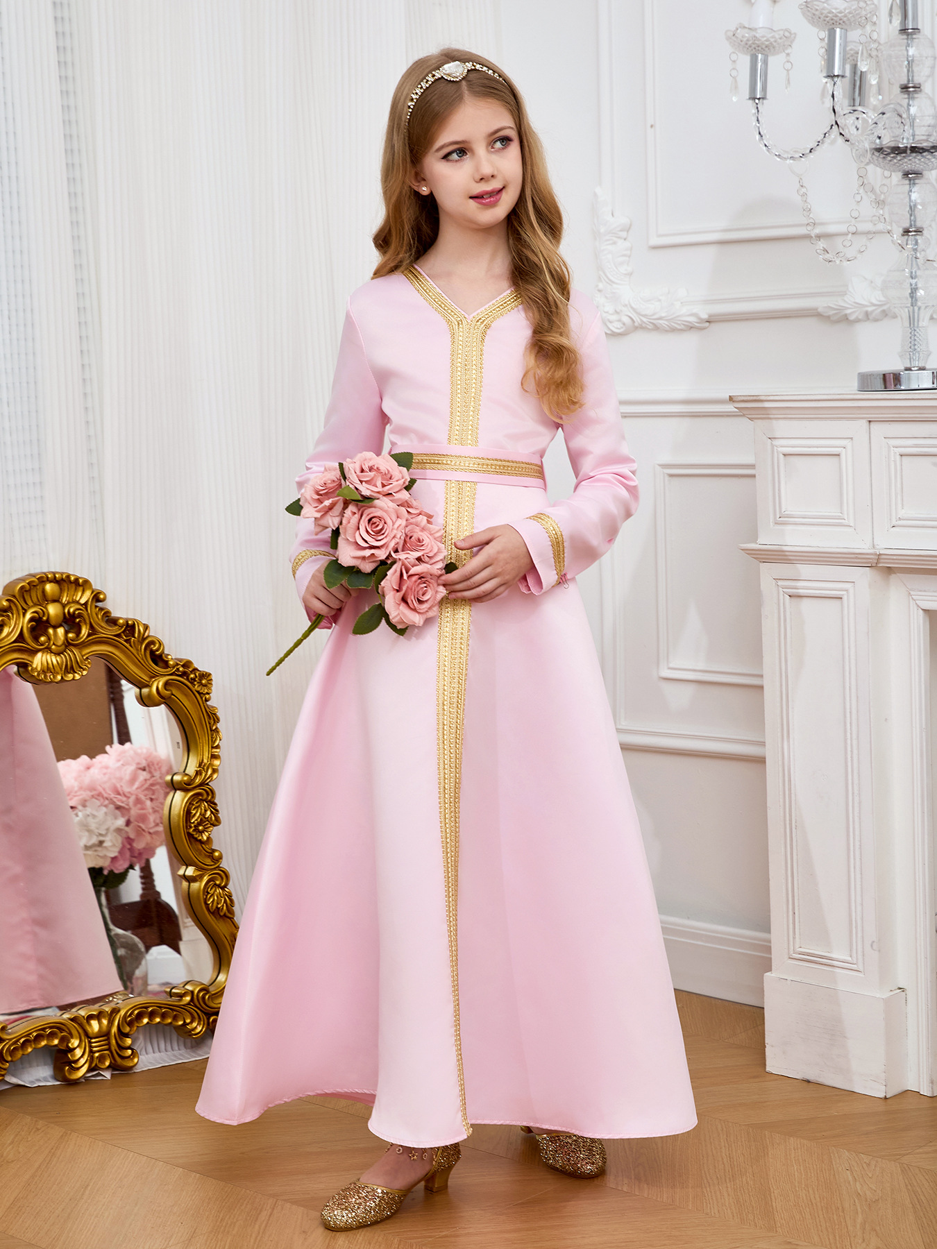 Niños de costura nacional característica ropa de color sólido vestido largo vestido rosa vestido de moda de encaje