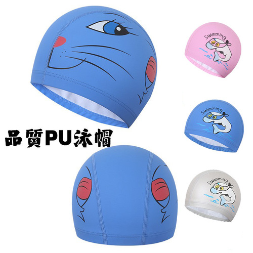 Cartoon children's swimming cap PU coated swimming cap for girls and boys waterproof ear protection comfortable headless diving cap wholesale