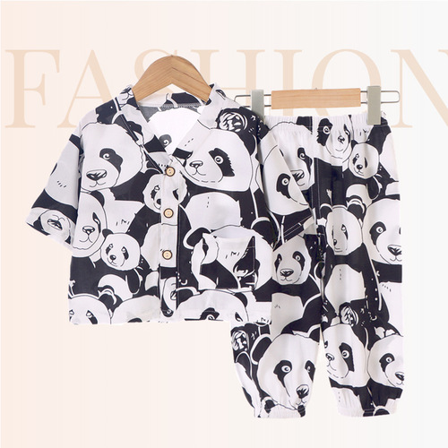 Children's Home Set Summer Sleepwear Cotton Blend Two-Piece Set Cotton Blend Air-Conditioning Suit for Kids