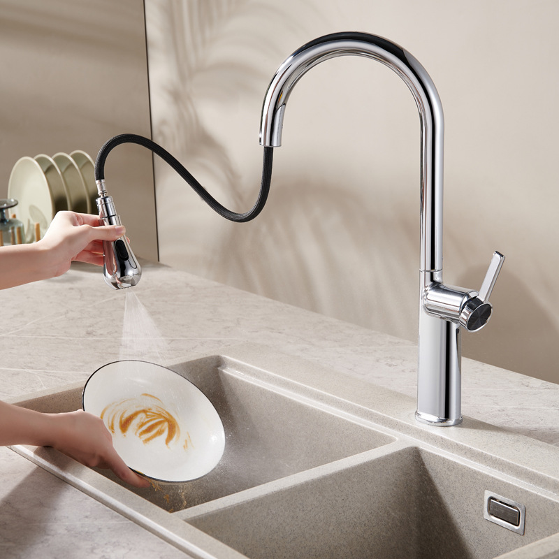 Pistola gris agua fría y caliente girando y tirando del grifo del fregadero girando y tirando del grifo del fregadero de varios engranajes