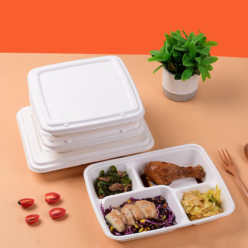 Fabricante al por mayor plato desechable biodegradable cubiertos de pulpa tres cuadrícula cuatro cuadrícula bandeja de almuerzo platos de buffet