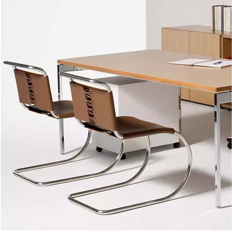 Bauhaus Style Chair, Stainless Steel Dining Chair, Modern Minimalist Office Conference Chair, Leather Backrest Chair, Light Luxury Style
