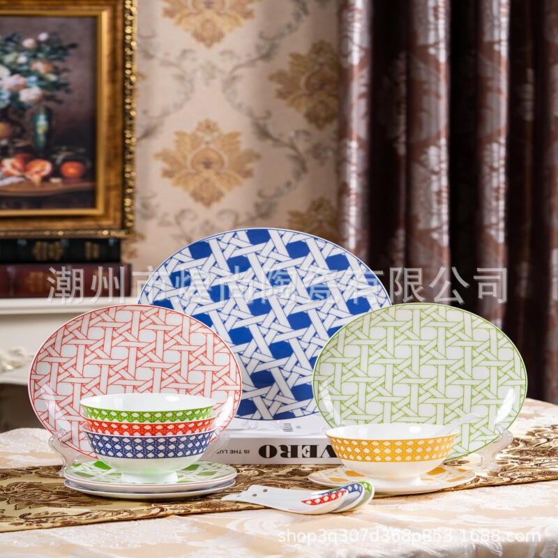 European-Style Light Luxury Retro D-Brand Bone China Dinner Plate Steak Plate Export Quality Spotted Pattern Bowl Spoon Plate Five-Piece Gift Set