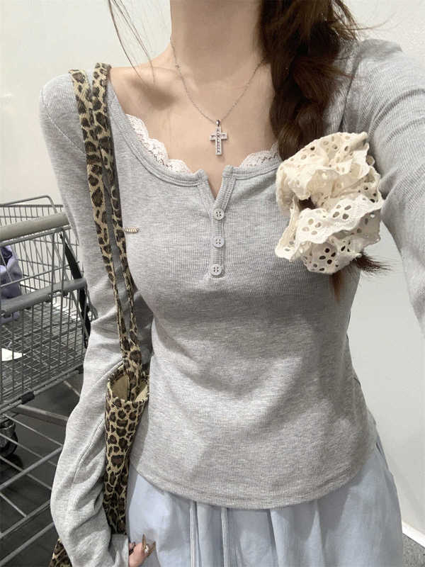 半开领蕾丝纽扣长袖T恤女2025春秋修身1韩系甜美chic内搭打底上衣|undefined