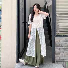 女装夏装夏装新款 数据好蕾丝拼接阔腿裤两件套