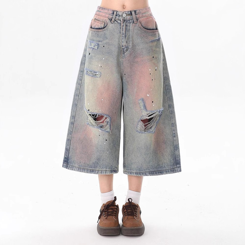 Ripped Distressed Washed Denim Shorts for Women Summer New American Retro High-Waisted Loose Slimming Wide-Leg Cropped Pants