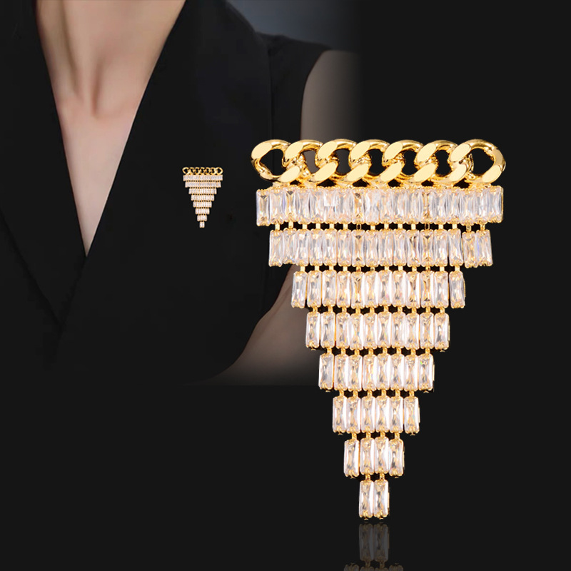 European and American Simple Super Flash inlaid zirconium tassel brooch cross-border fashion niche copper jewelry corsage coat suit pin for women