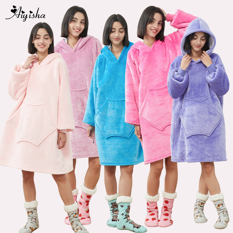 New Lazy Pullover Pajamas Women's Warm Clothes Sherpa Lambskin Hug Hoodie TV Factory Cold Clothes