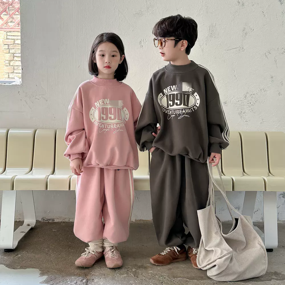 童套装2025冬季男童女童韩版拉条字母套装儿童加绒加厚卫衣两件套