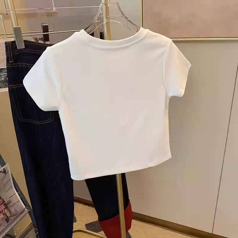 白色正肩短袖恤女短款夏季新款小个子卡通趣味上衣潮