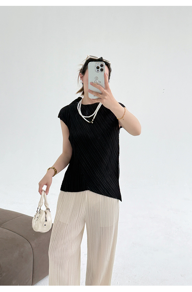 Áo thun nữ tay ngắn cổ tròn vạt xéo xếp ly bất đối xứng — đen chi tiết 11