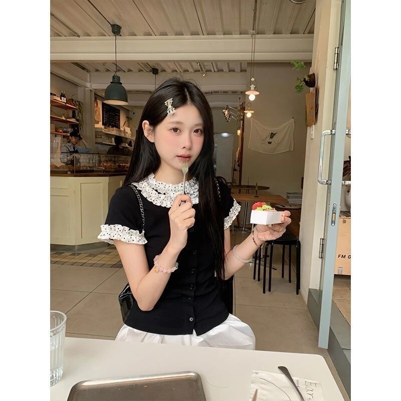 Rich Lady!! !【Polka Dot Lace】College-Style Short-Sleeved Shirt for Women, Slim-Fit Cardigan Top