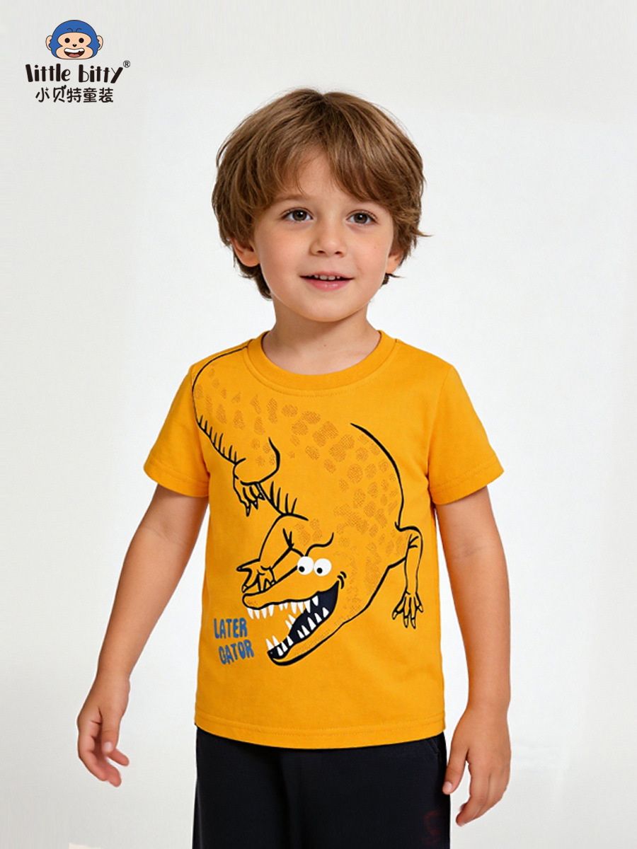 Cross-Border Supply 26 Years of Experience in Spring and Summer Children's Short-Sleeved T-Shirts with Cartoon Crocodile Print Round Neck Boys' Tops Wholesale in Stock