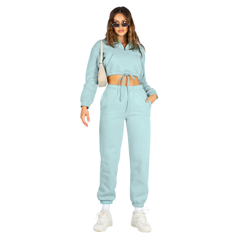 Women's Clothing 2024 autumn and winter solid color stand up collar zipper drawstring navel baring plus velvet sweatshirt casual sweatpants suit_voghion.com