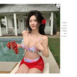 2026新款红色系分体比基尼泳衣女聚拢显瘦遮肚海边度假性感辣妹风