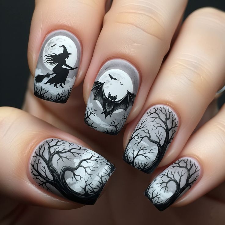 Halloween-themed nail art stickers: dark witch, dead tree, moonlight, bat, hand-painted nail art, gray-black broom, moon nail pieces Halloween-themed nail art stickers: dark witch, dead tree, moonlight, bat, hand-painted nail art, gray-black broom, moon nail pieces