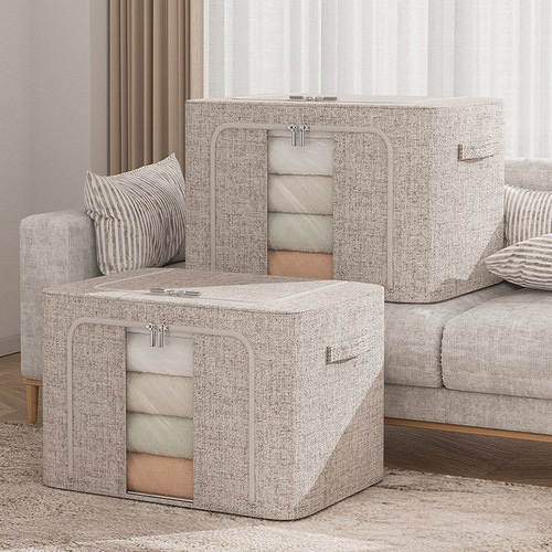 Organizing storage box thickened Tianshan cotton and linen steel frame box fabric household clothes storage box transparent folding storage box