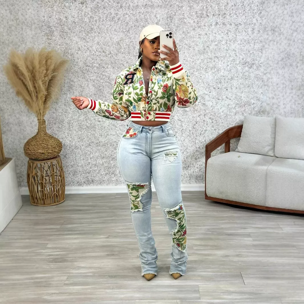 亚马逊爆款2025春季新品提花欧美女士长袖方领短款夹克外套