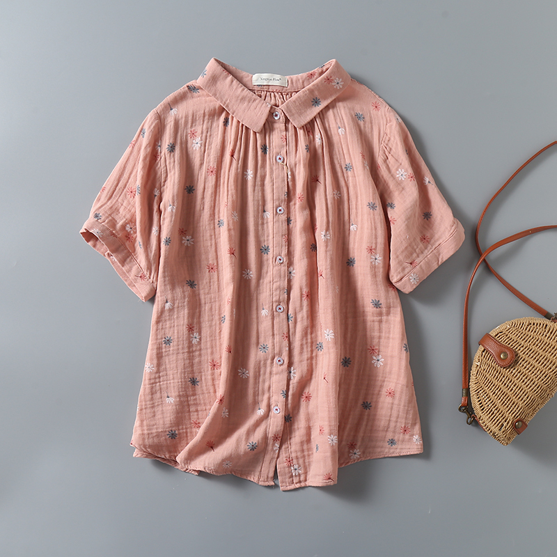 Fresh Young Color Flower Printed Baby Cotton Yarn Short Sleeve Shirt Women's 2024 Summer New Lapel Loose Top
