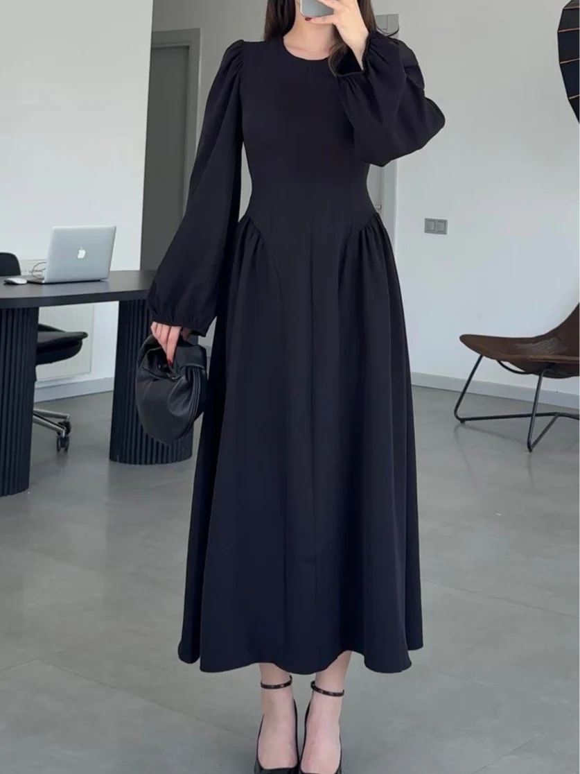 2025 European and American Women's Fashion Amazon Independent Site Autumn and Winter Long-Sleeve Elegant Waist-Cinching Long Dress
