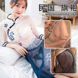 薄纱透视国潮旗袍制服诱惑印花民国风套装女情趣内衣角色扮演