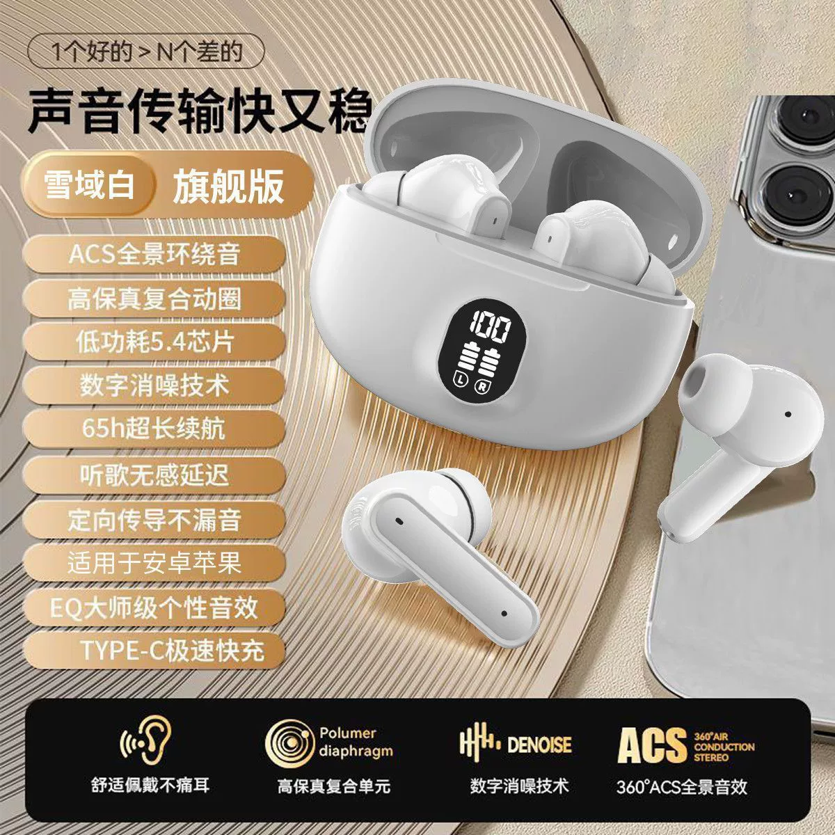 Bluetooth-наушники Voice of Berlin 895B, внутриканальные, 65 ч автономии, ACS 360° стерео, шумоподавление
