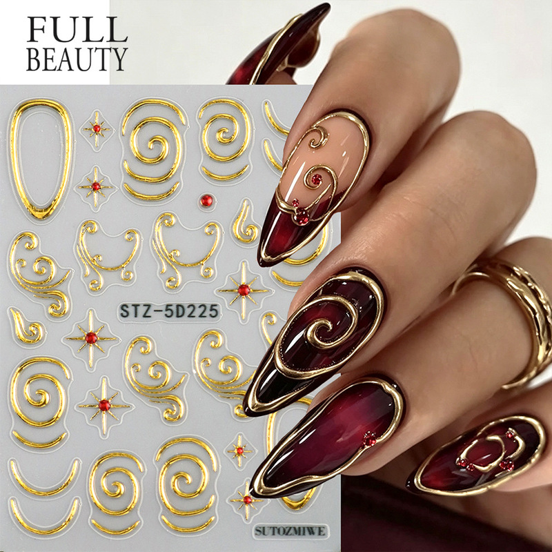 New cross-border nail art stickers with embossed three-dimensional metal spiral lines and starburst red diamond design, adhesive nail stickers