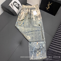 25SS南油品质高端女装AC蕾丝珍珠链条3D印花高腰阔腿直筒牛仔裤女