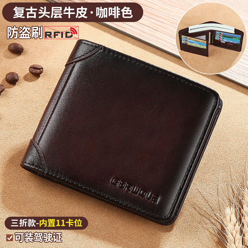 2025 nueva cartera de cuero auténtica para hombres cartera de gran capacidad corta horizontal cartera retro para hombres