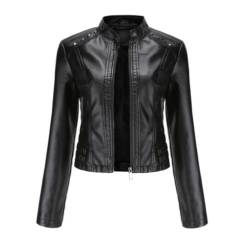 23 cross-border women's new style rivet leather jacket women's spring and autumn jacket long-sleeved women's jacket stand collar fashion jacket S-4XL