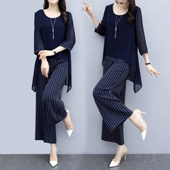 ファッションスーツの女性の夏の洋気半袖のシフォンの偽の2つのゆったりしていてやせている上着 + 広腿のズボンの2つのセットの潮